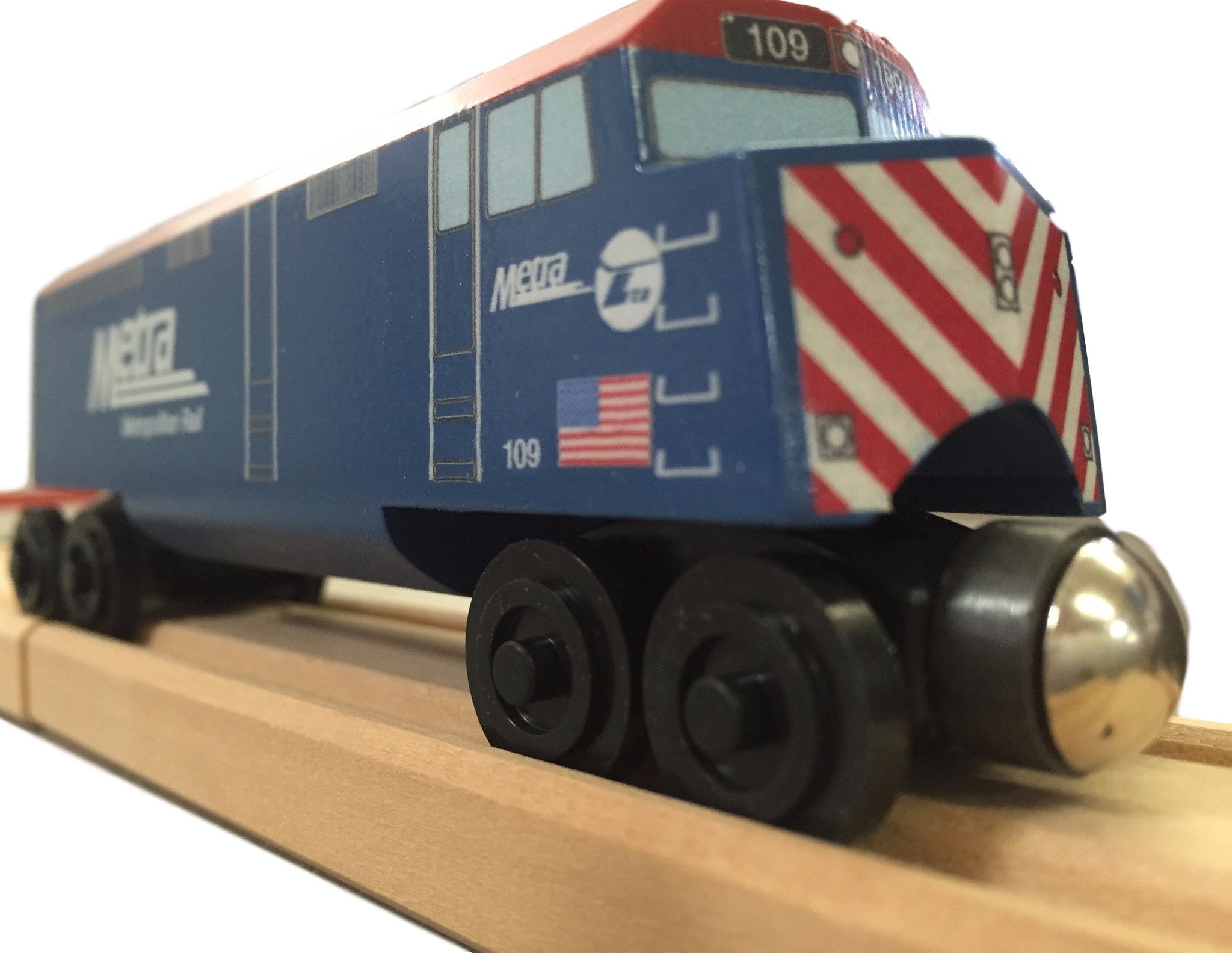 Whittle Shortline Railroad Metra F-40 Diesel Engine Wooden Toy Train on Track