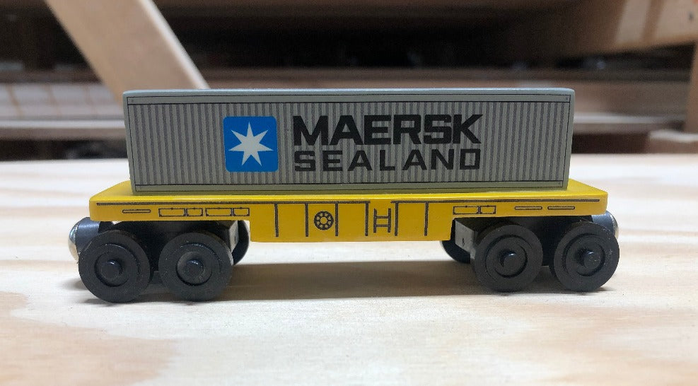 Maersk Sealand Singlestack wooden toy train by Whittle Shortline Railroad