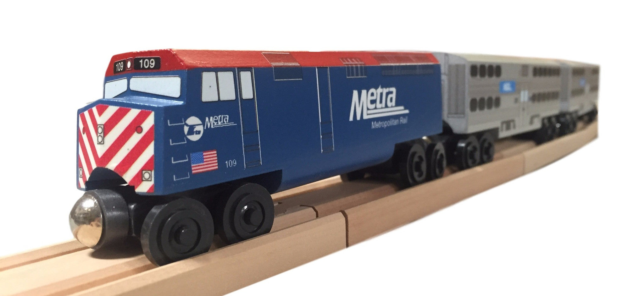 Whittle Shortline Railroad Metra F-40 Diesel Engine Wooden Toy Train with other Metra Passenger Cars