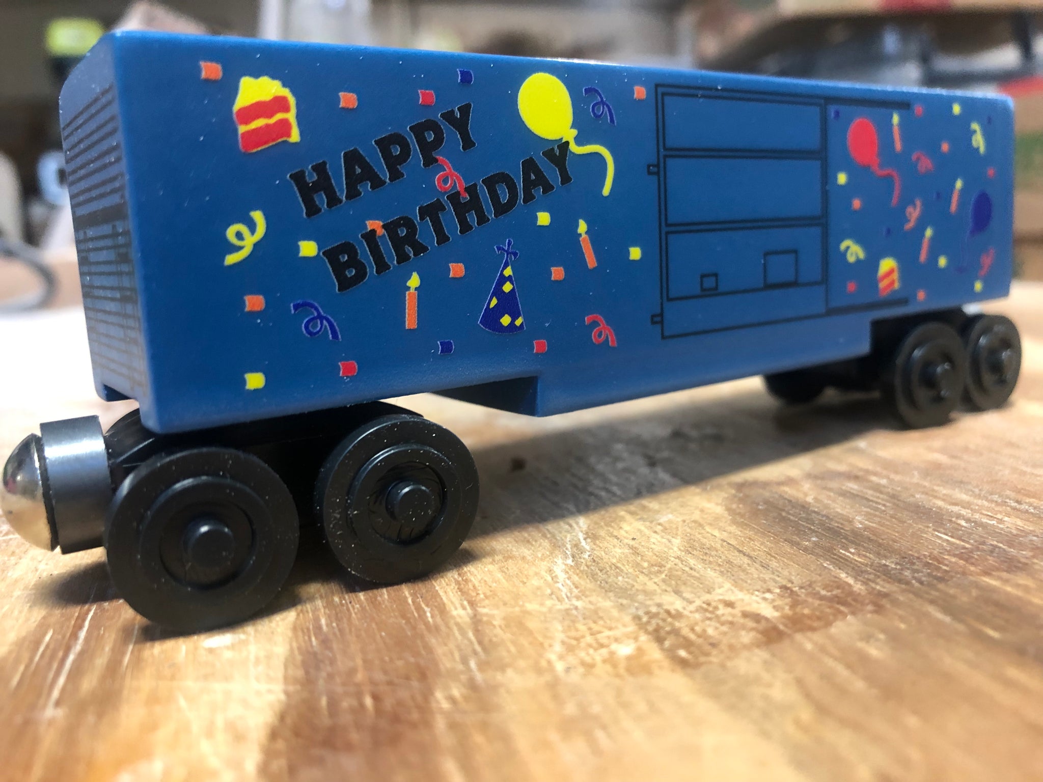 BLUE Birthday Hi-Cube Boxcar Toy Train by Whittle Shortline Railroad