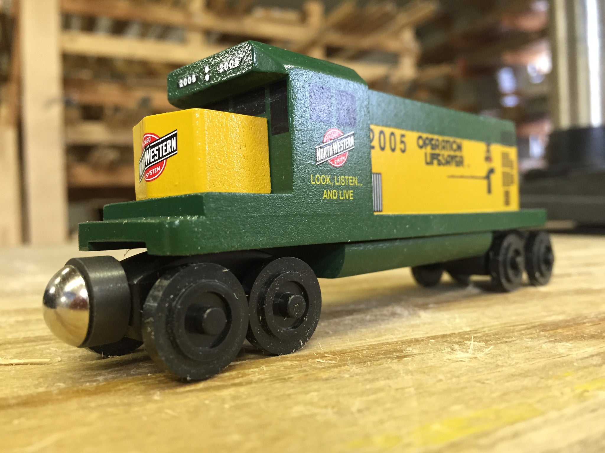 Whittle Shortline Railroad Chicago and Northwestern GP-38 Diesel Engine Wooden Toy Train In The Factory